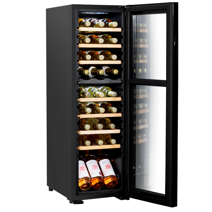 Baridi 27 Bottle Dual Zone Wine Cooler, Fridge, Touch Screen Controls, Wooden Shelves, LED - Black - DH90