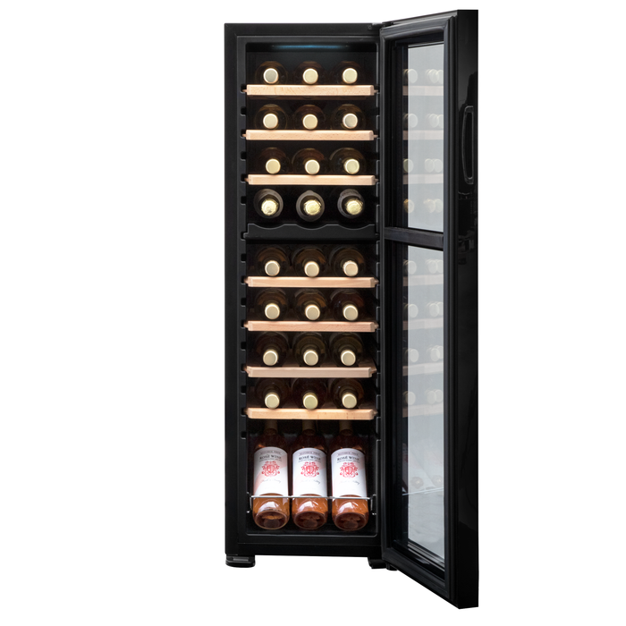 Baridi 27 Bottle Dual Zone Wine Cooler, Fridge, Touch Screen Controls, Wooden Shelves, LED - Black - DH90