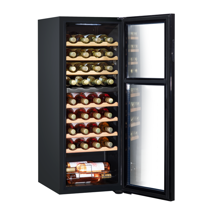 Baridi 36 Bottle Dual Zone Wine Cooler, Fridge, Touch Screen Controls, Wooden Shelves, LED - Black - DH91