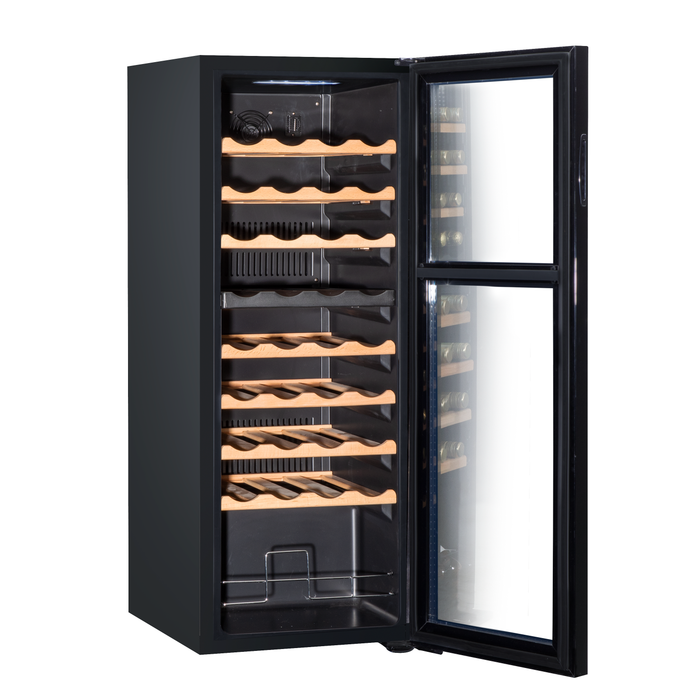 Baridi 36 Bottle Dual Zone Wine Cooler, Fridge, Touch Screen Controls, Wooden Shelves, LED - Black - DH91