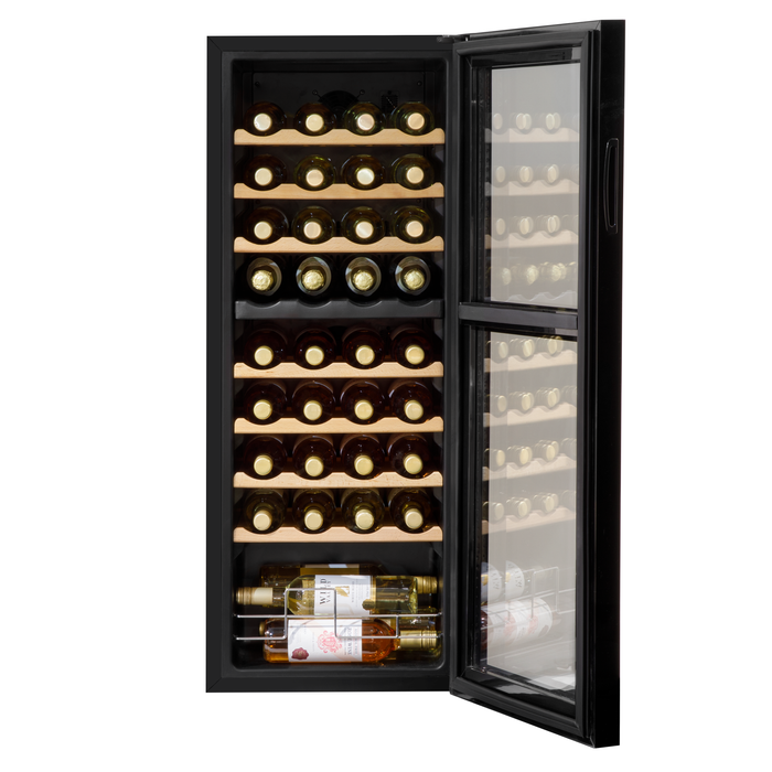 Baridi 36 Bottle Dual Zone Wine Cooler, Fridge, Touch Screen Controls, Wooden Shelves, LED - Black - DH91